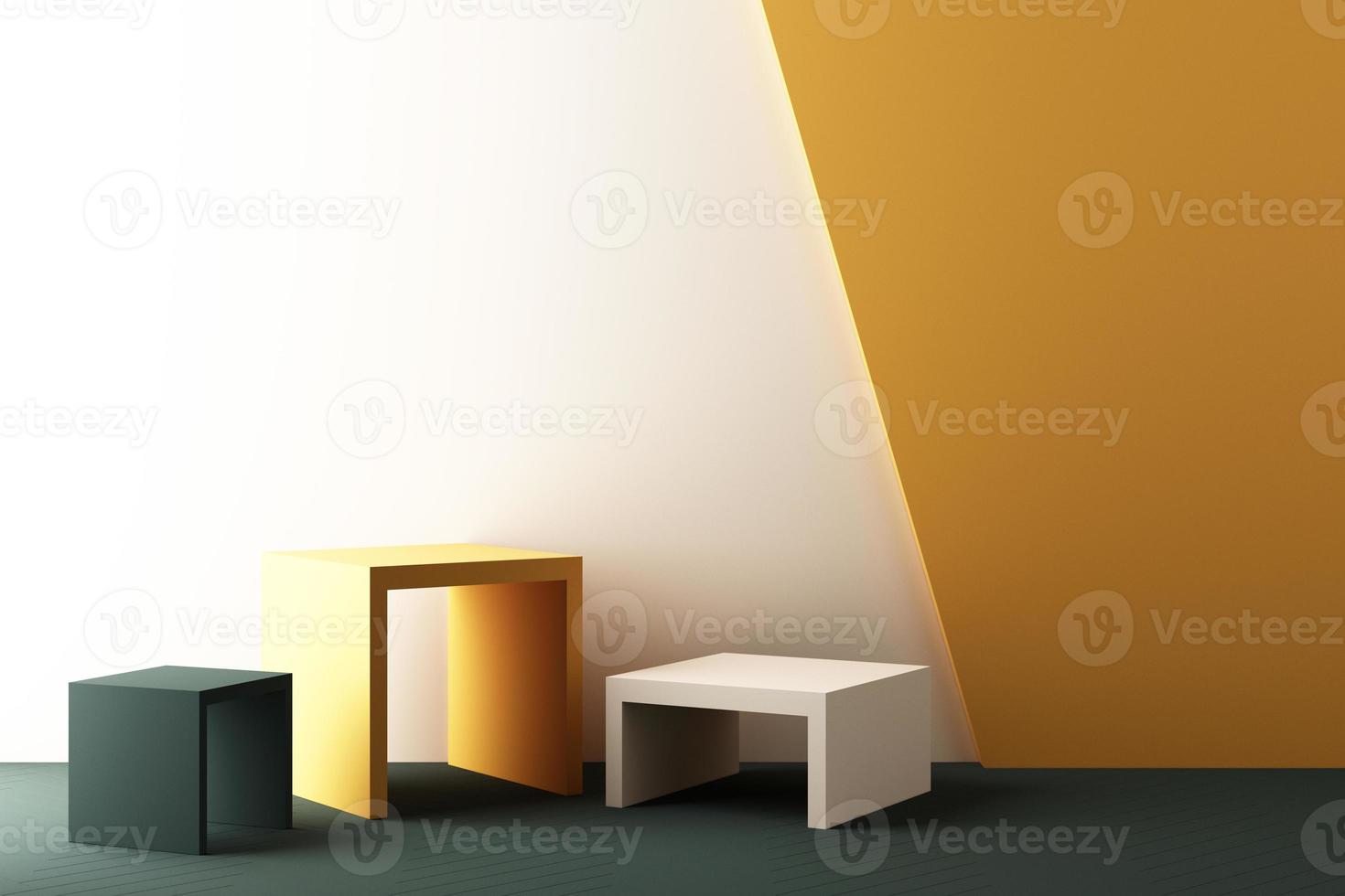 Minimal abstract geometric background with direct sunlight in shades of green and yellow. Showcase scene with empty podium for product presentation 3d rendering photo