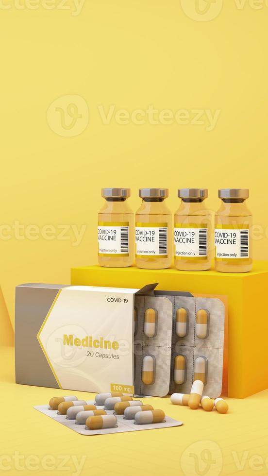 kit de autoprueba covid-19 con vacuna y medicamento sobre fondo blanco. representación 3d foto