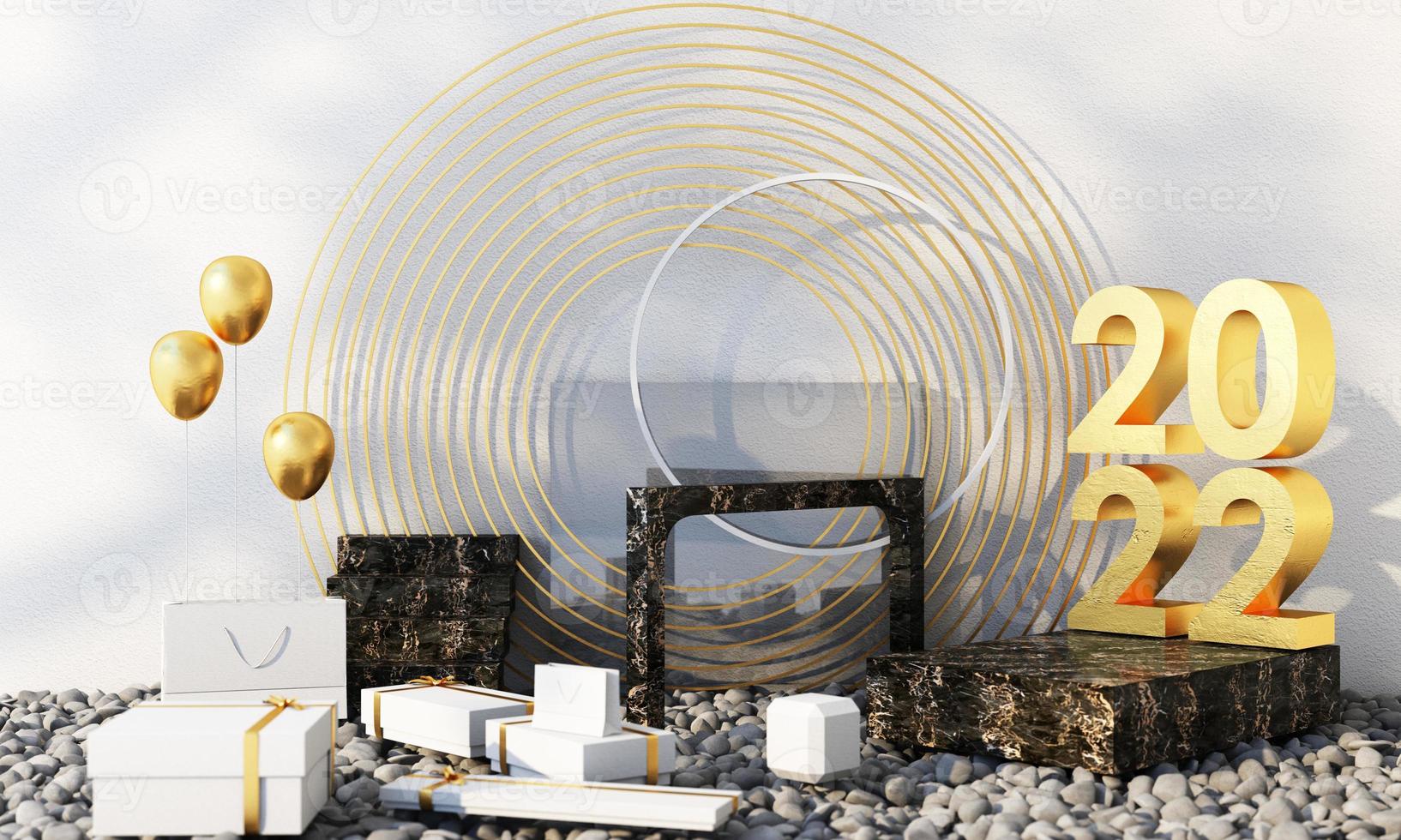 Minimal cosmetic background for product presentation. with stone and wood rock arc geometric form and podium on gray color concrete wall background. 3d render illustration. photo