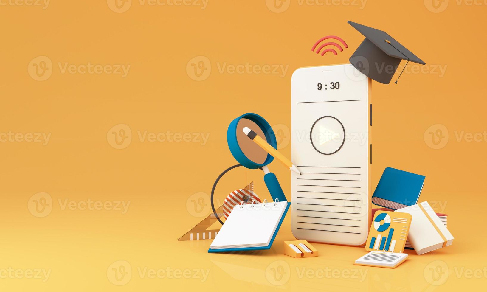 E-learning concept with laptop and wi-fi symbol surrounded by Graduate cap, open books, balloon, Ruler,statistical graph, pencil and magnifying glass on blue and yellow color tone 3d render photo