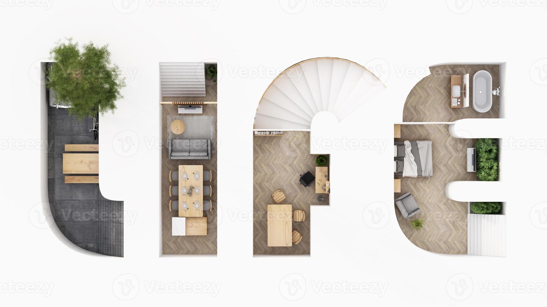 A cross section of a house. concept of work from home, goal of life, Work Life Balance with furniture used in daily life. in white and wood tones, 3D rendering and illustration. photo