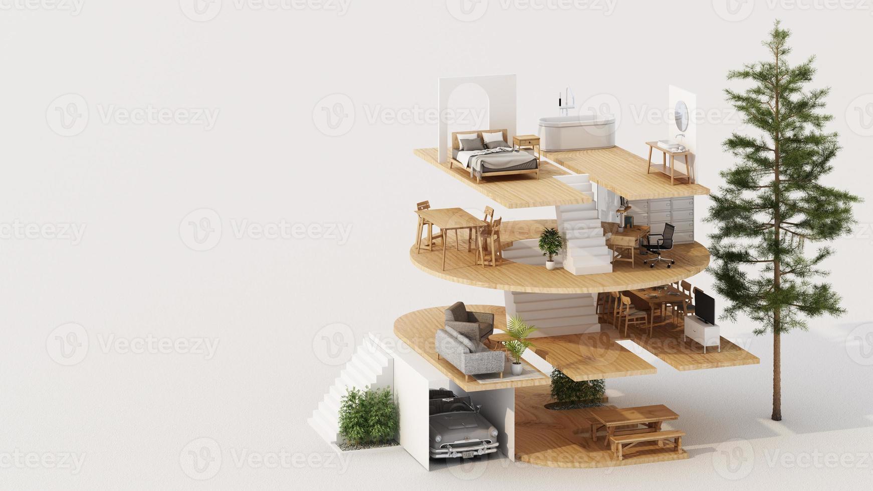 A cross section of a house. concept of work from home, goal of life, Work Life Balance with furniture used in daily life. in white and wood tones, 3D rendering and illustration. photo