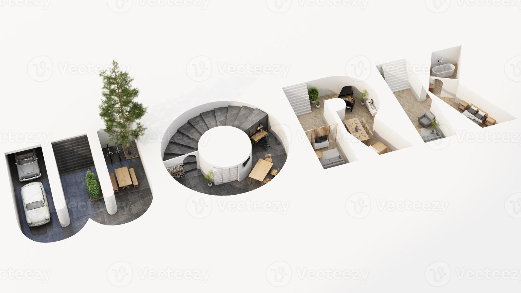 A cross section of a house. concept of work from home, goal of life, Work Life Balance with furniture used in daily life. in white and wood tones, 3D rendering and illustration. photo