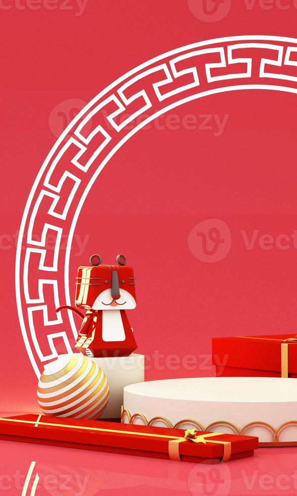 Chinese New Year style red and white podium product showcase with gold and gift, lantern, China pattern scene background. 2022 tiger year Holiday traditional festival concept. 3D rendering photo