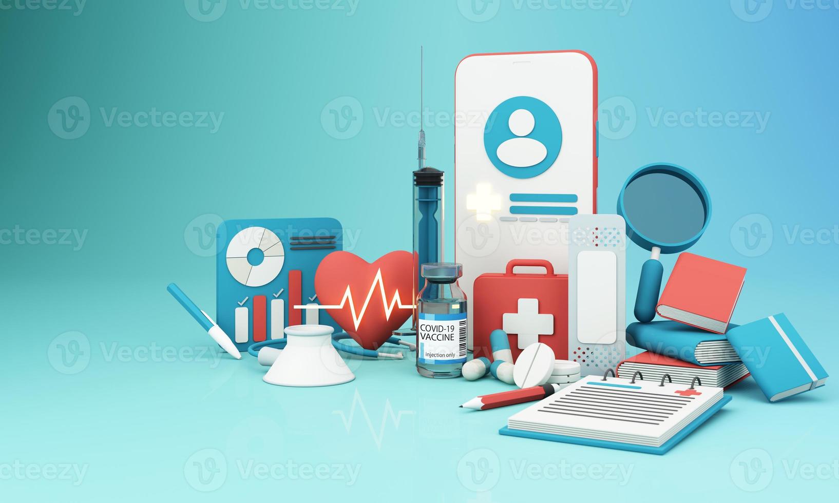 Health insurance concept with words coverage, protection, risk, and security online medicine on a virtual screen and a cartoon wood hand touching a button, isolated on blue background 3d rendering photo