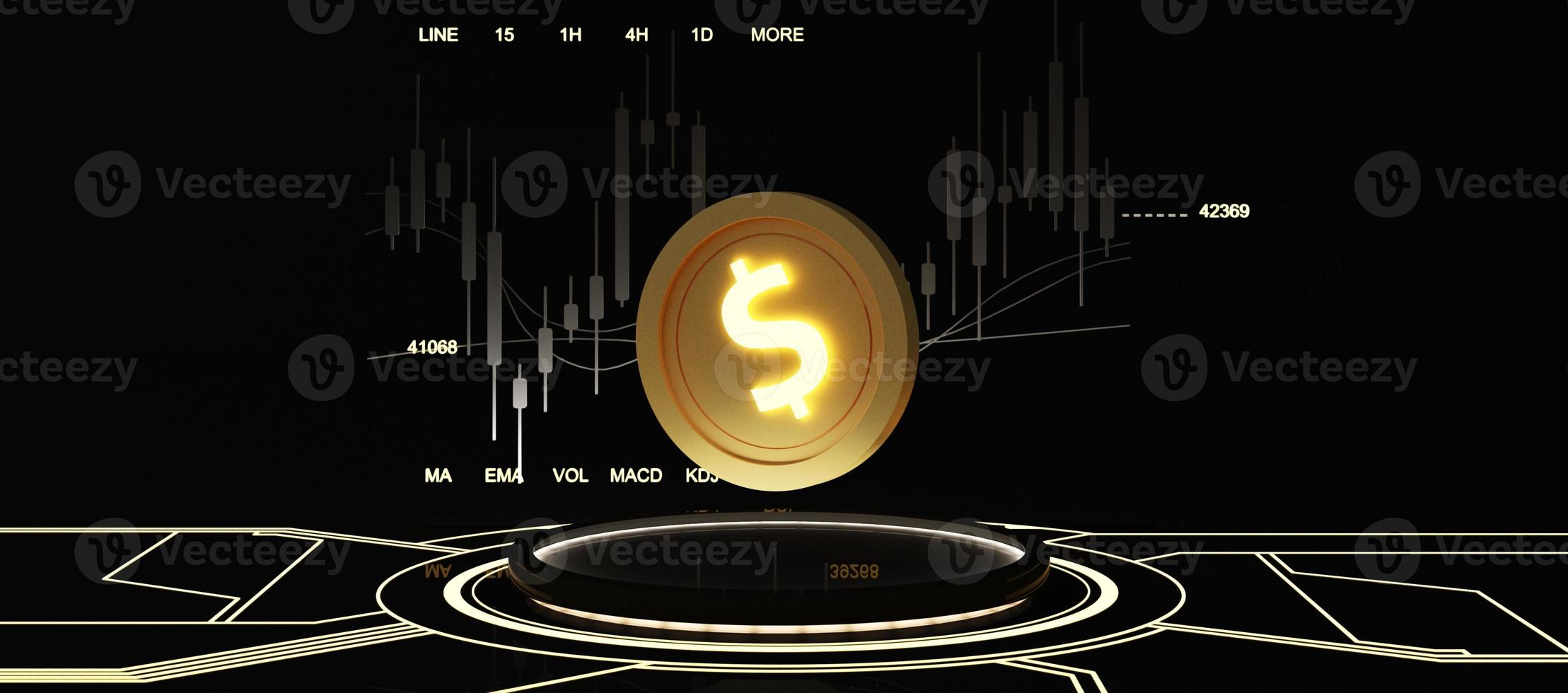 digital currency gold coin on display sticks with hidden lights illuminated on a digital background Black background with glow from the ground and stock chart in the back. 3d render photo