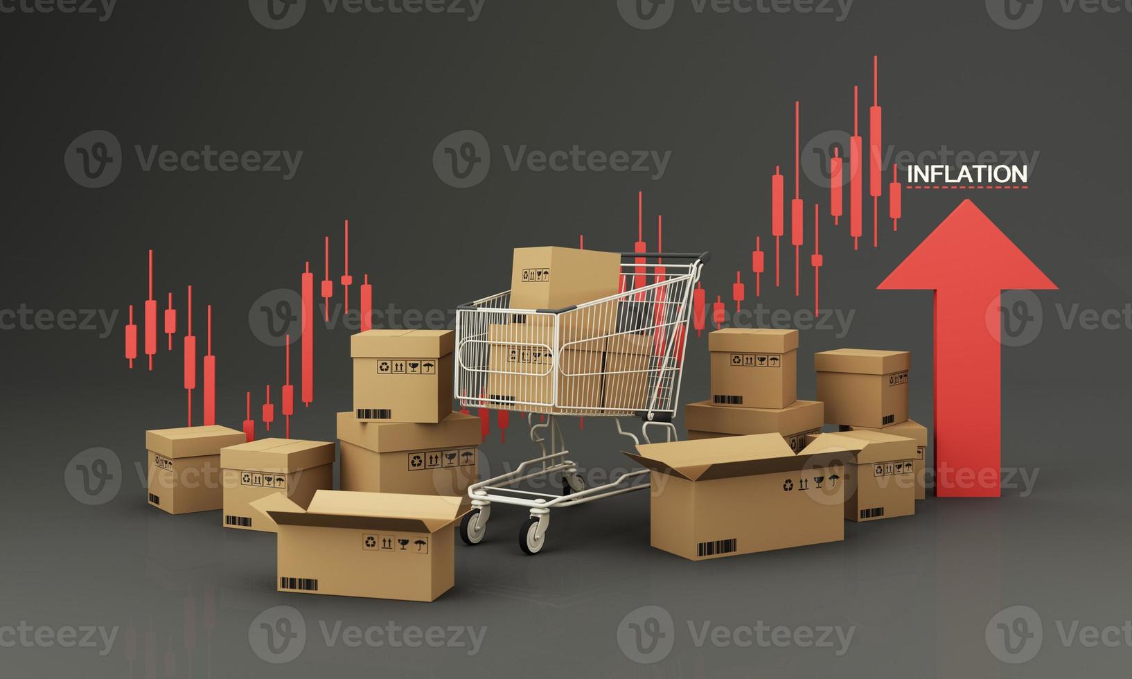 carrito de compras con flecha roja hacia arriba rodeada de cajas de cartón y gráficos de acciones en la parte posterior que aumentan constantemente en concepto de inflación. en un render 3d de fondo negro foto