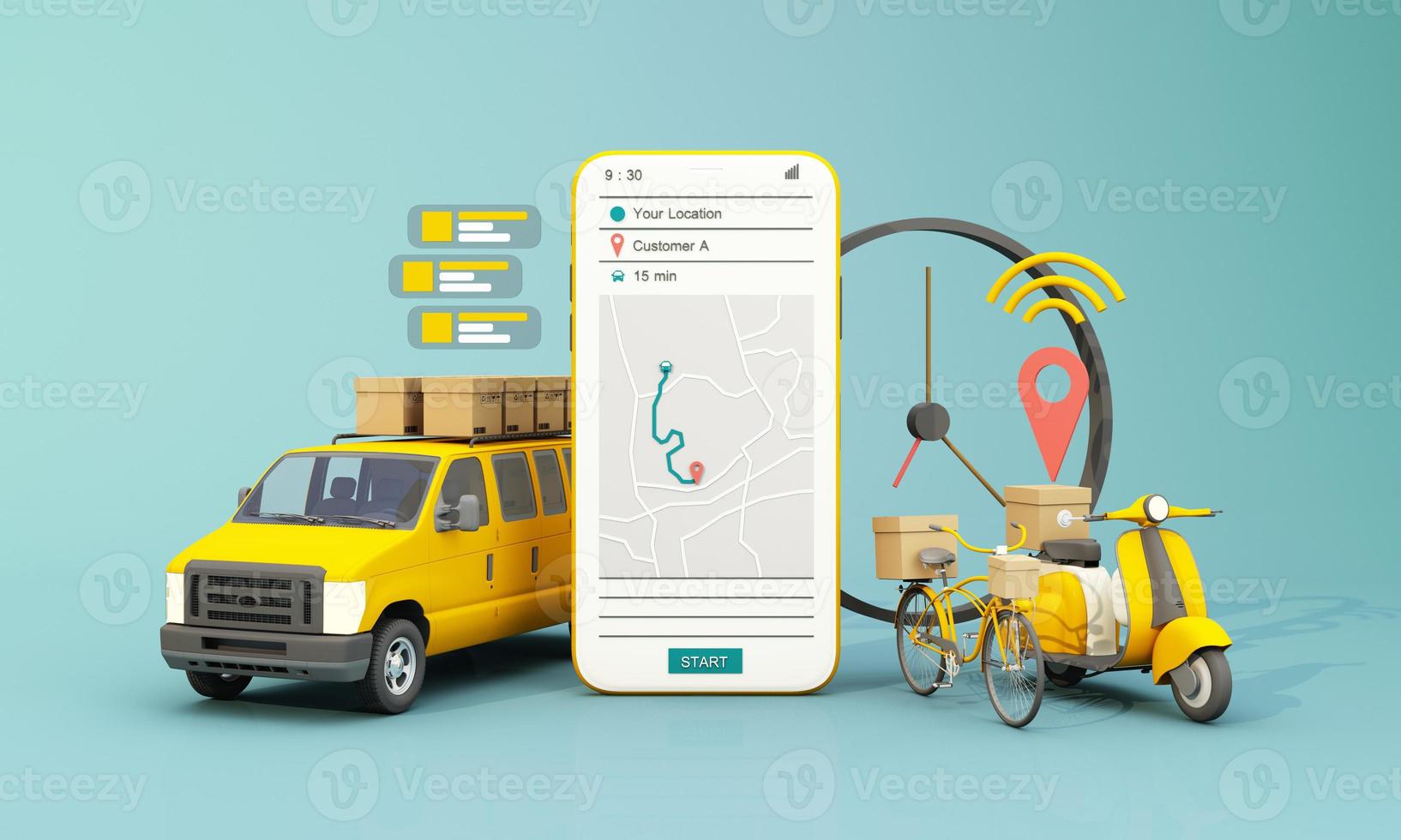 Fast delivery by scooter bike and van with mobile. E-commerce concept. Online food and shopping crate box order with route map. Webpage, app design. yellow and blue background. perspective 3d render photo