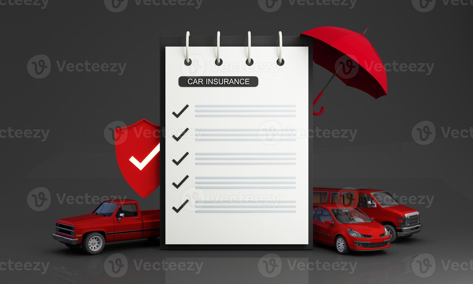 Car protection and safety assurance concept, modern red automobile sedan truck van under white text font and umbrella, isolated on red background, 3d illustration rendering isometric photo