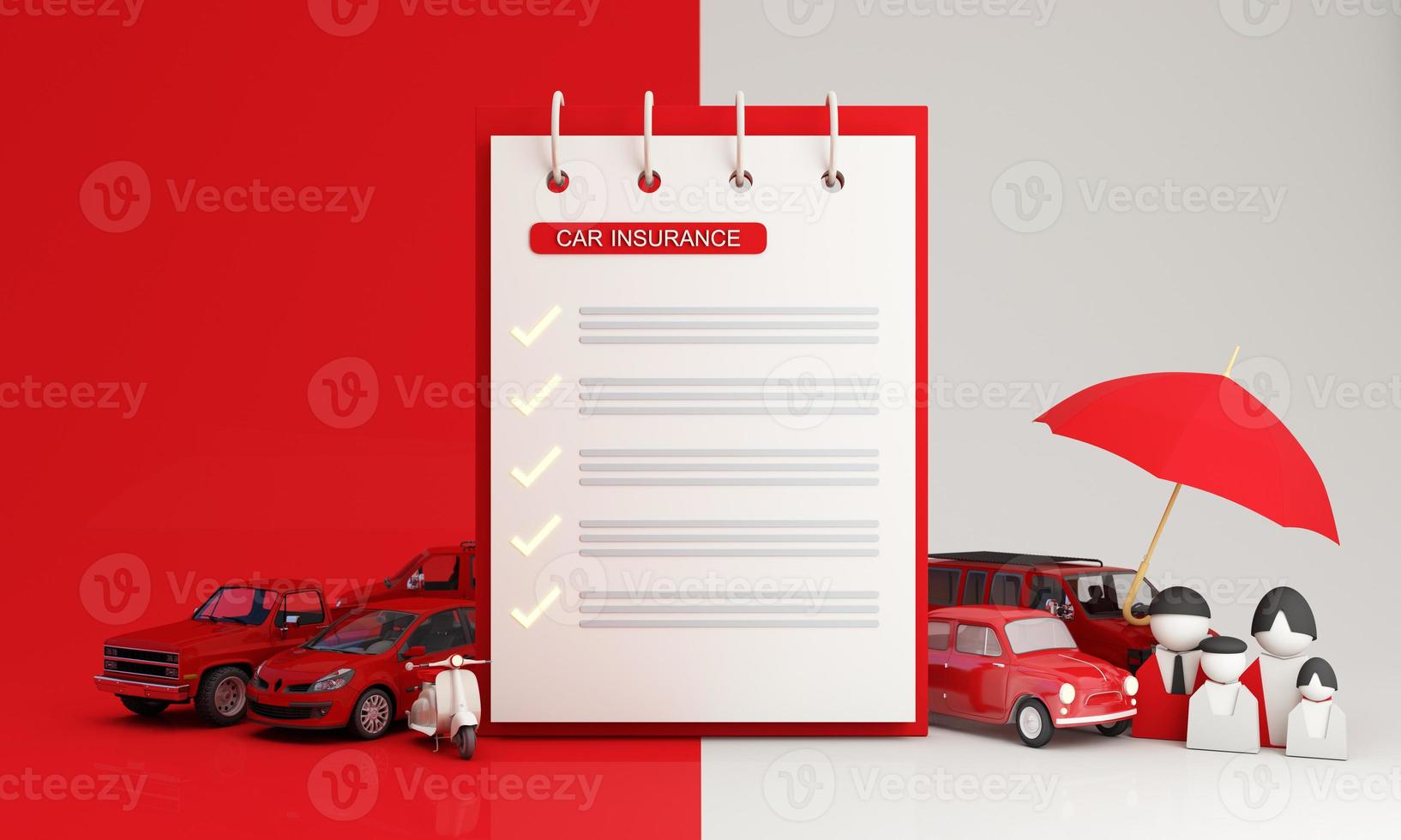 Car protection and safety assurance concept, modern red automobile sedan truck van under white text font and umbrella, isolated on red background, 3d illustration rendering isometric photo