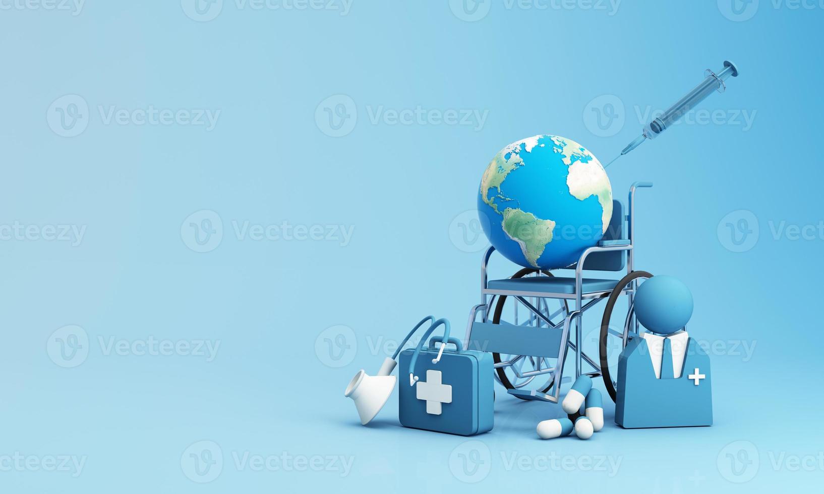 World water day saving water quality campaign and environmental protection concept. Globe sphere floating over water with faucet and water drop on a blue isolated background. 3d rendering illustration photo