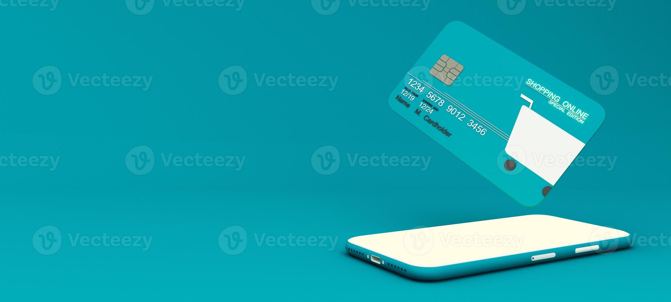 Close up of shopping online design on credit card, levitating template mockup Bank credit card with online service isolated on pink background, digital coin, wallet, copy space 3d rendering photo
