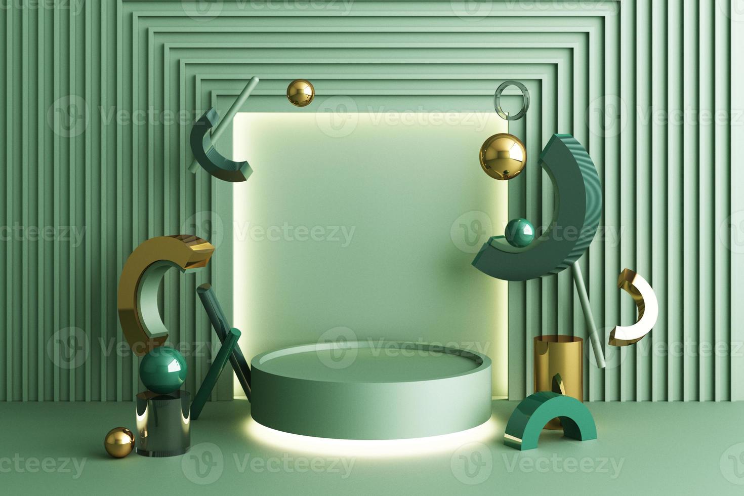 Minimal abstract geometric background with direct sunlight in shades of green and yellow. Showcase scene with empty podium for product presentation 3d rendering photo