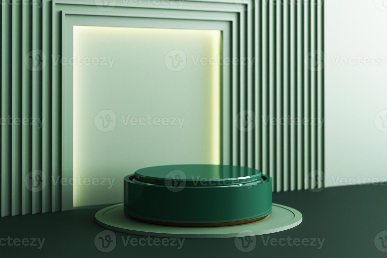 Minimal abstract geometric background with direct sunlight in shades of green and yellow. Showcase scene with empty podium for product presentation 3d rendering photo