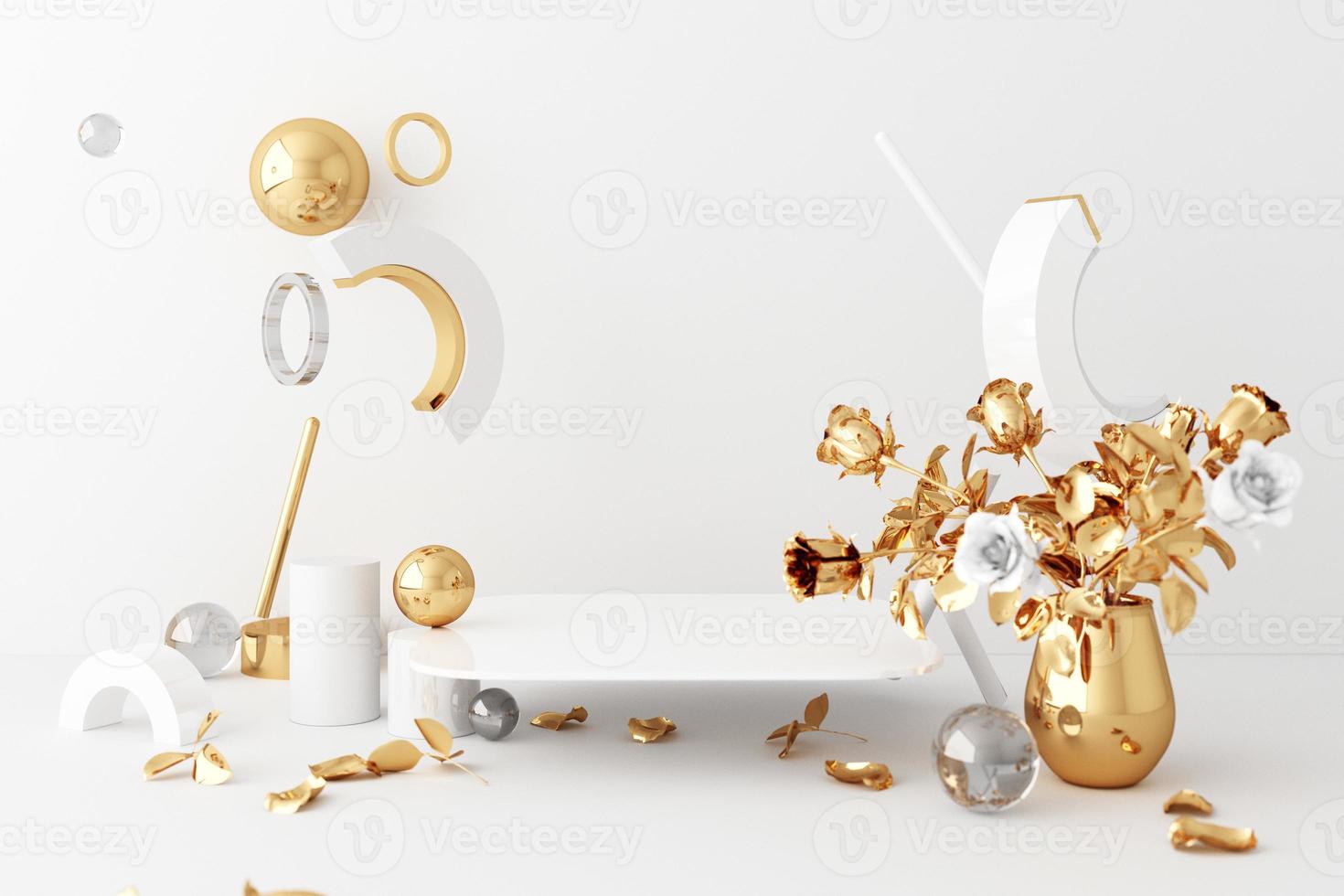 Minimal abstract geometric background with direct sunlight in shades of green and yellow. Showcase scene with empty podium for product presentation 3d rendering photo