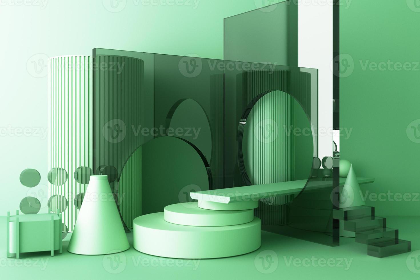 Minimal abstract geometric background with direct sunlight in shades of green and yellow. Showcase scene with empty podium for product presentation 3d rendering photo