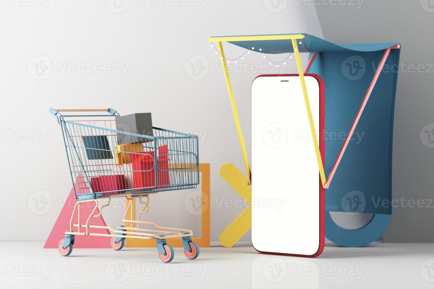 Mobile phone represent of Shopping Online on Mobile screen Application Concept Digital marketing with gamepad and video game console on colors pastel and statistics bar 3d rendering photo