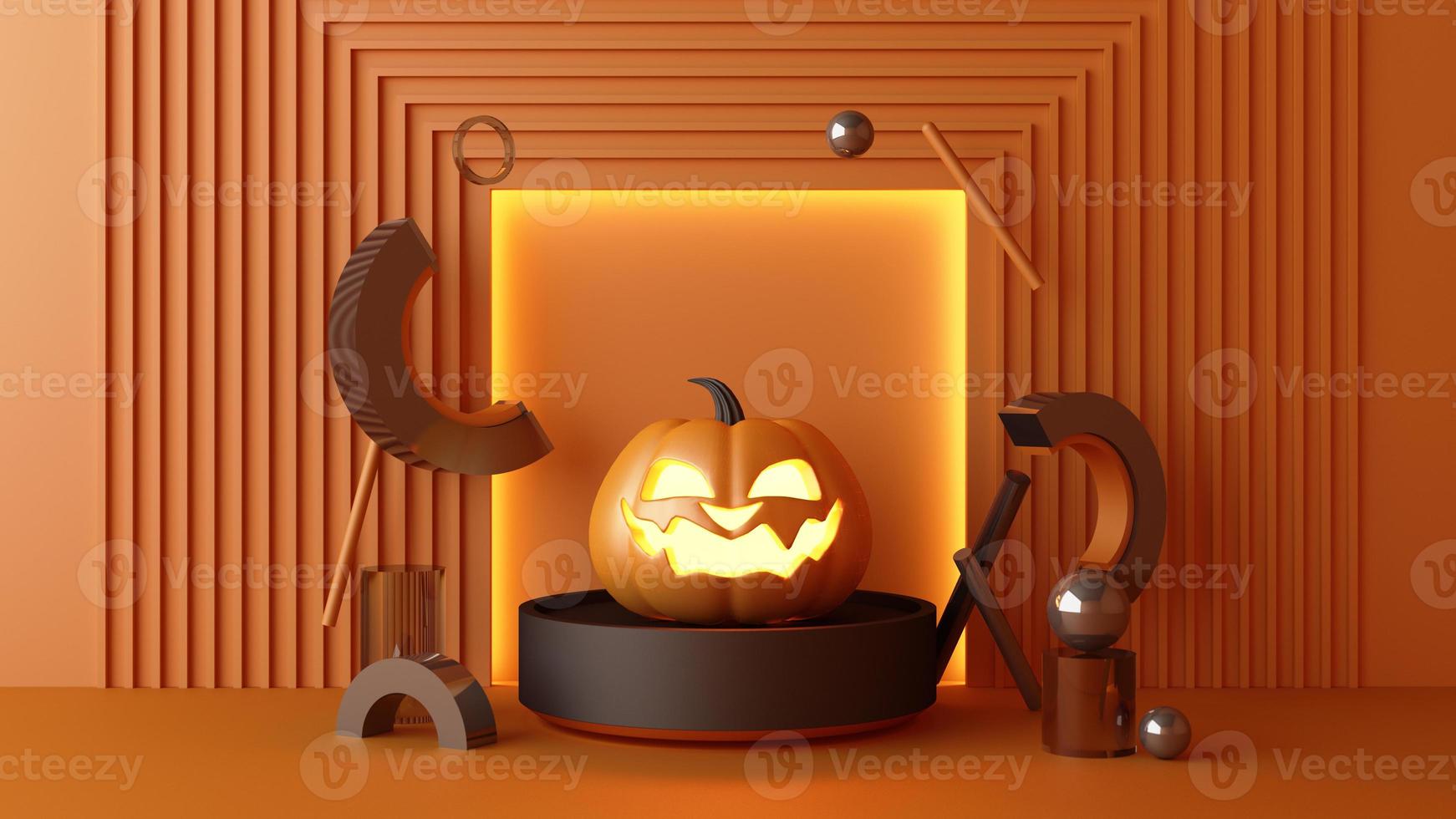 cabeza de calabaza de halloween de octubre que crece con forma geométrica con maqueta de soporte de producto para presente sobre fondo de color renderizado 3d foto