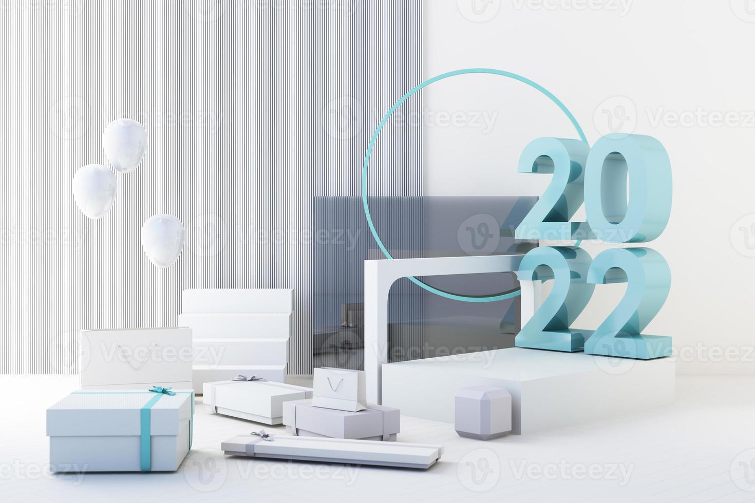 Minimal cosmetic 2022 background for product presentation. with stone and wood rock arc geometric form and podium on gray color concrete wall background. 3d render illustration. photo
