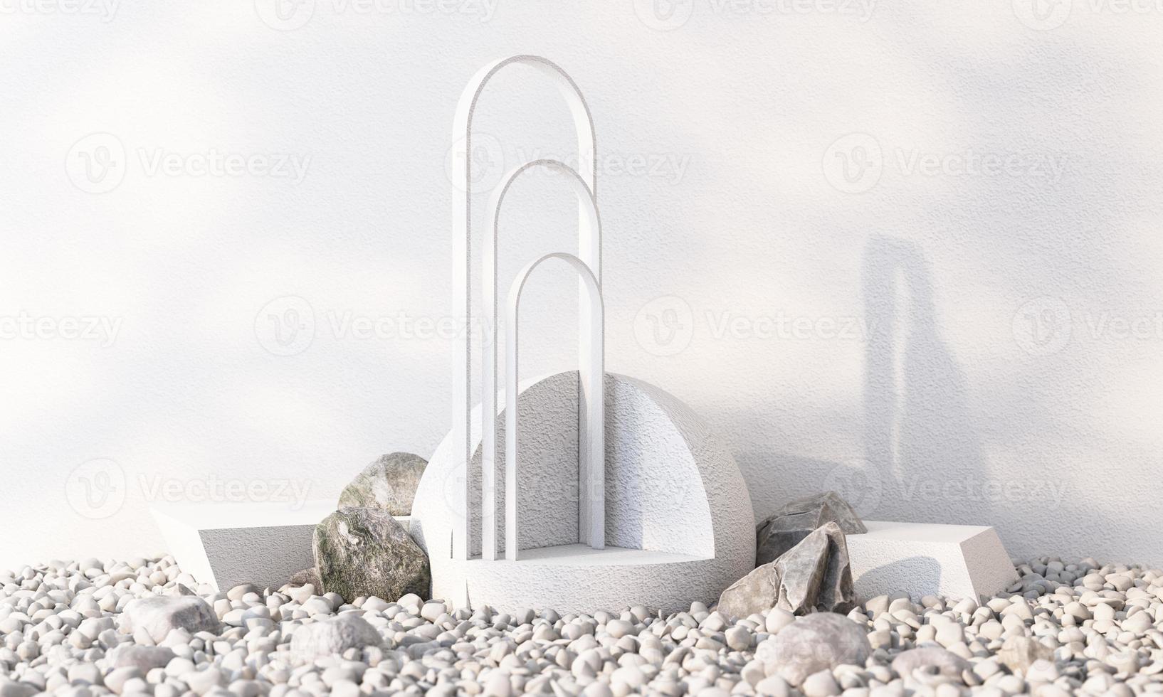 Minimal cosmetic background for product presentation. with stone and wood rock arc geometric form and podium on gray color concrete wall background. 3d render illustration. photo