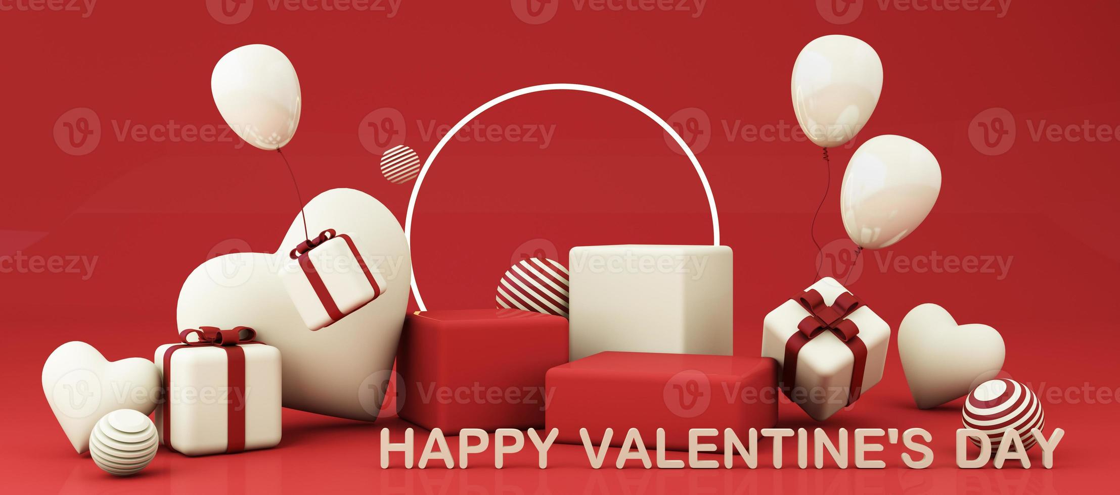 Romantic creative composition. Happy Valentine's Day. Realistic 3d festive decorative objects, heart shaped balloons and love, falling gift box, glitter gold. Holiday banner and poster. 3d render photo