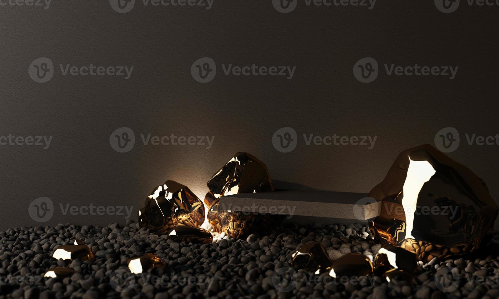 Minimal cosmetic background for product presentation. with stone and wood rock arc geometric form and podium on gray color concrete wall background. 3d render illustration. photo