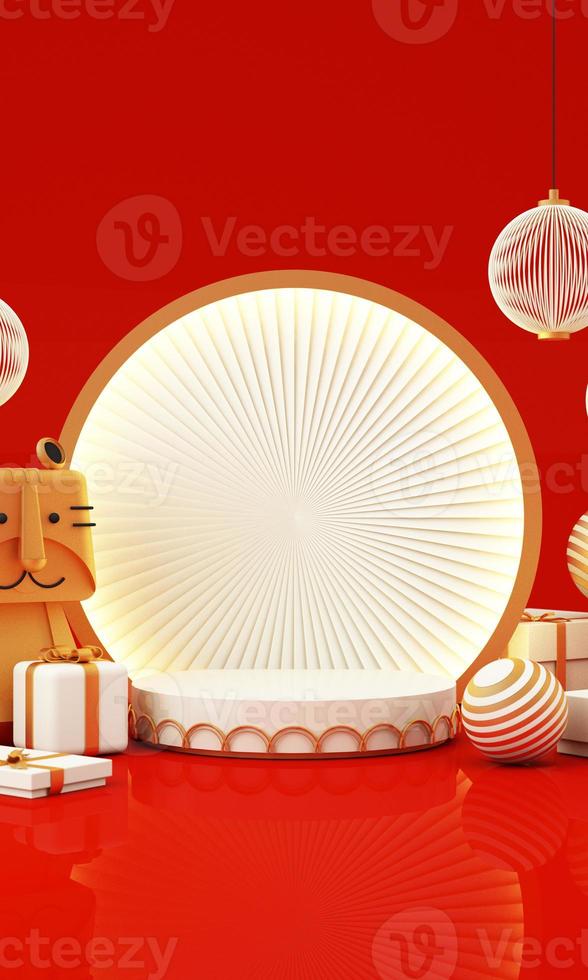 Chinese New Year style red and white podium product showcase with gold and gift, lantern, China pattern scene background. 2022 tiger year Holiday traditional festival concept. 3D rendering photo