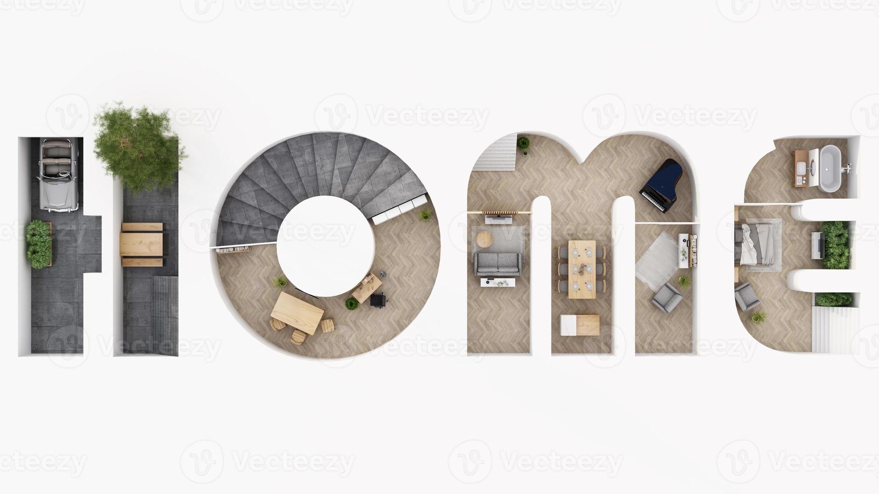 A cross section of a house. concept of work from home, goal of life, Work Life Balance with furniture used in daily life. in white and wood tones, 3D rendering and illustration. photo