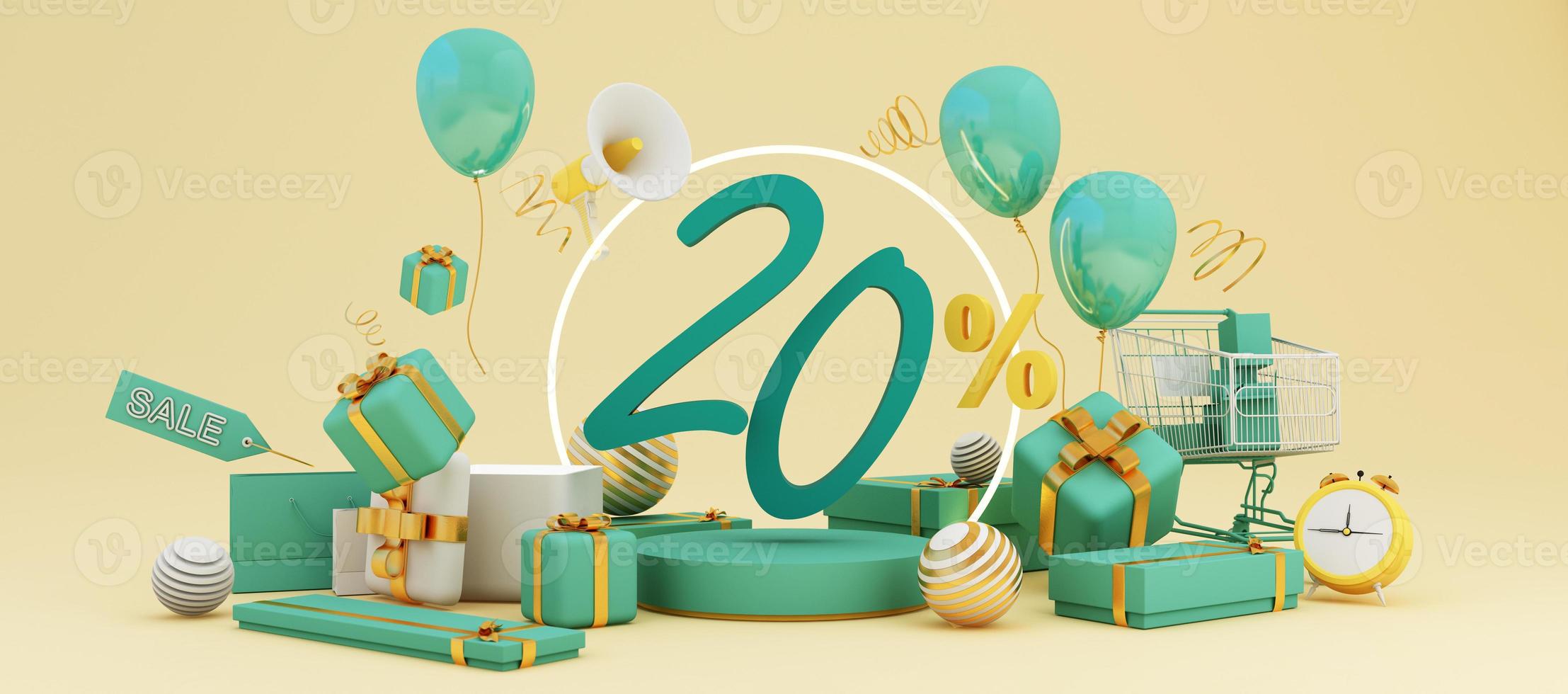 gran diseño de banner de descuento con frase de texto de venta sobre fondo verde y amarillo con caja de regalo, bolsa de carrito de compras y elementos de despertador megáfono con soporte de producto 3d renderizado foto