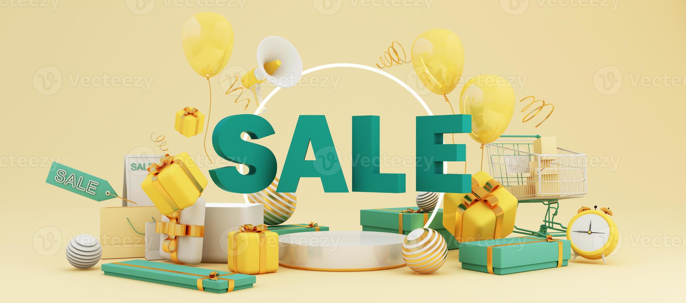 Great discount banner design with SALE text phrase on green and yellow background with gift box, shopping cart bag and alarm clock elements megaphone with product stand 3d rendering photo