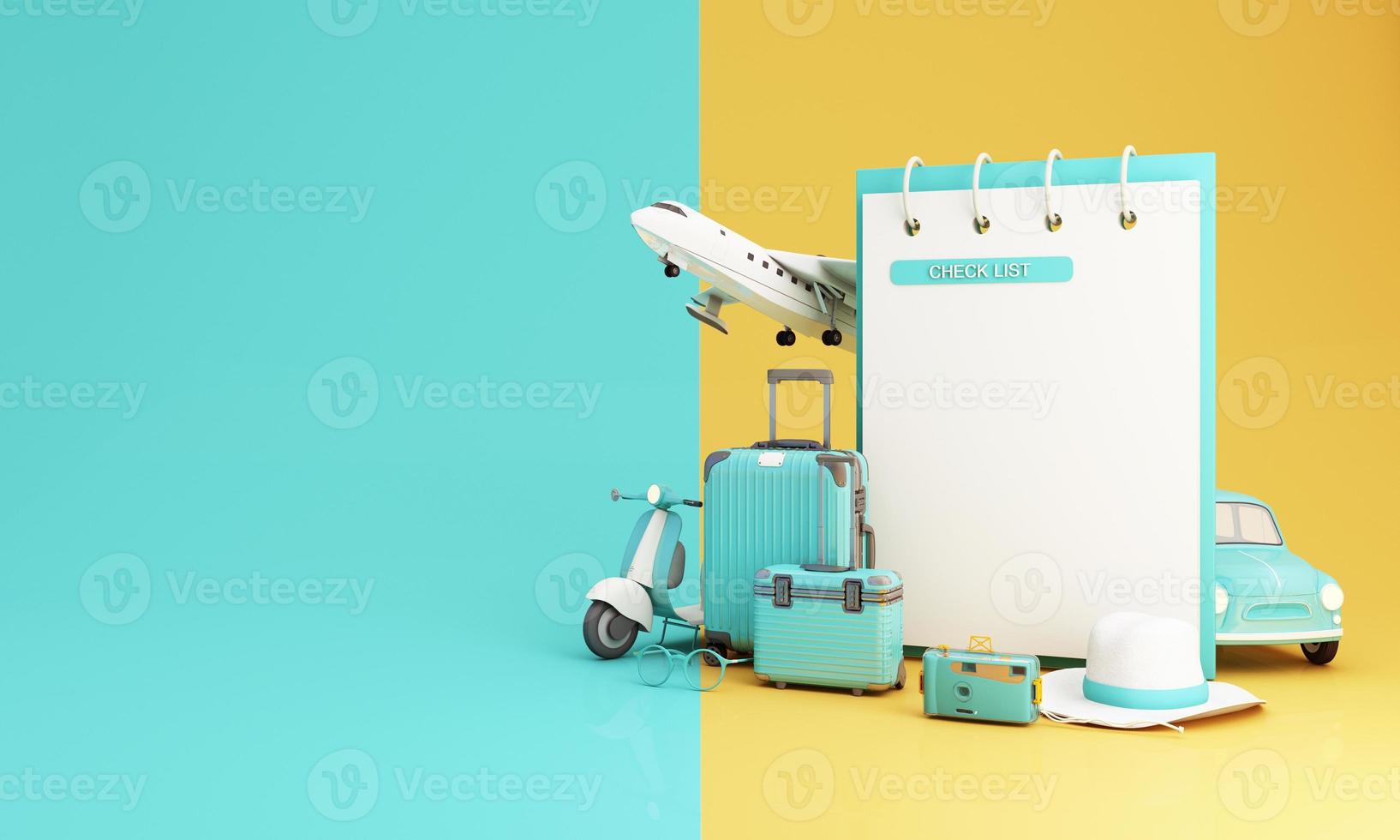 The letter Insurance glows on the cube, blue and yellow. Placed on the world map and model family cartoon characters and planes in the concept of travel insurance, travel and protection. 3d render photo
