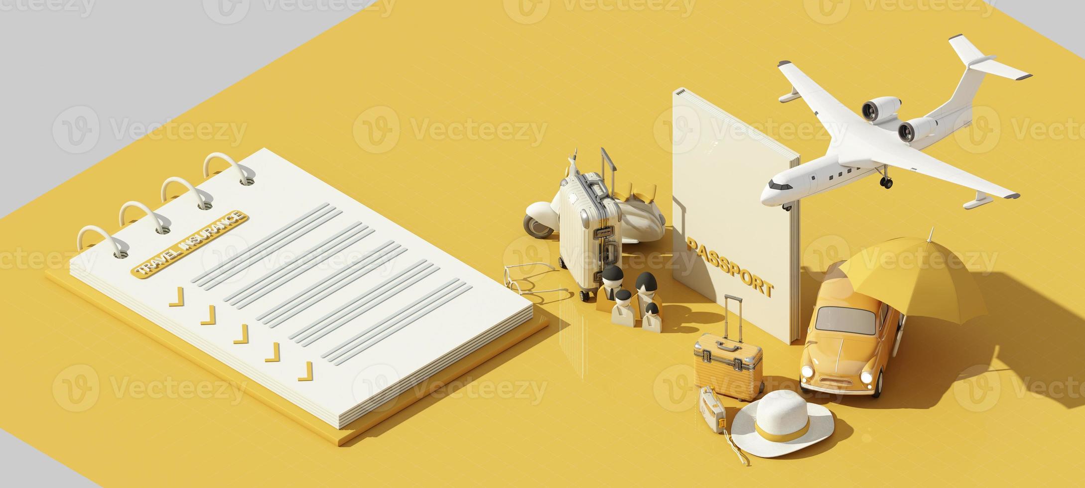 The letter Insurance glows on the cube, blue and yellow. Placed on the world map and model family cartoon characters and planes in the concept of travel insurance, travel and protection. 3d render photo