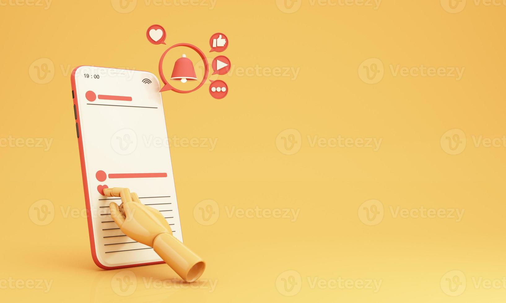 Digital Marketing, web analytics and marketing social media concept with play, chat message, love icon, magnifying glass and display bar and phone screen yellow background. 3d rendering illustration photo