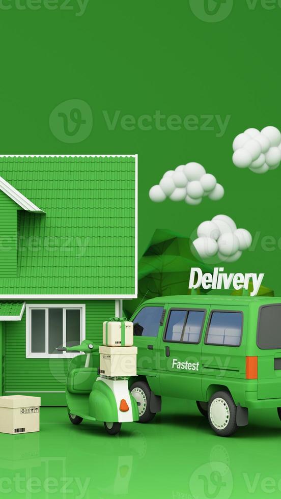 E-commerce concept, Delivery service from front store, Transportation delivery by Vans, truck and motorbike scooter and product packages, gift boxes, tree low polygon on yellow tone 3d rendering photo