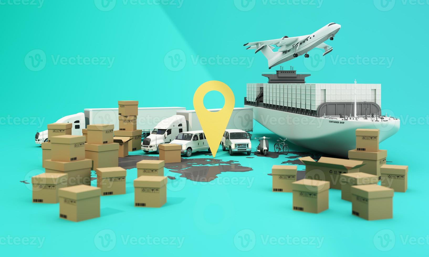 the Earth world map surrounded by cardboard boxes, a cargo container ship, a flying plane, a car, a van and a truck with gps location on blue background 3D rendering isometric view photo
