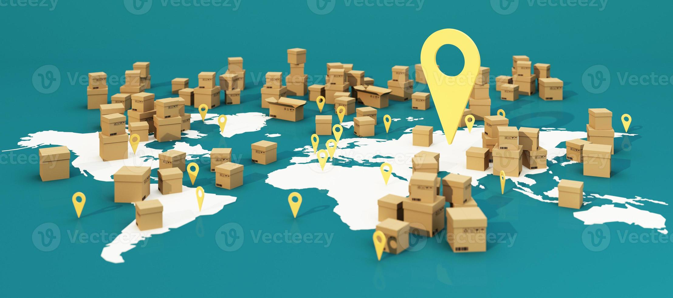 the Earth world map surrounded by cardboard boxes, a cargo container ship, a flying plane, a car, a van and a truck with gps location on blue background 3D rendering isometric view photo