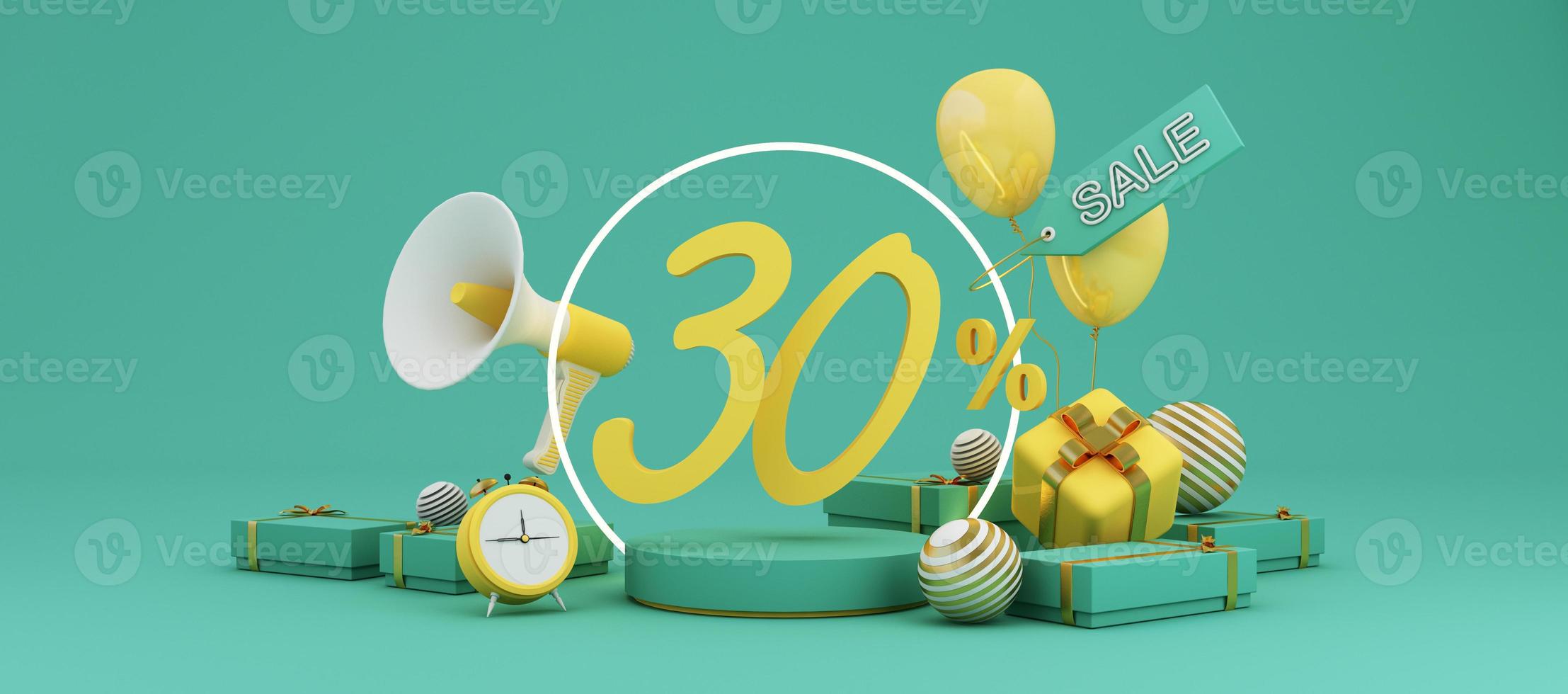 Great discount banner design with SALE text phrase on green and yellow background with gift box, shopping cart bag and alarm clock elements megaphone with product stand 3d rendering photo