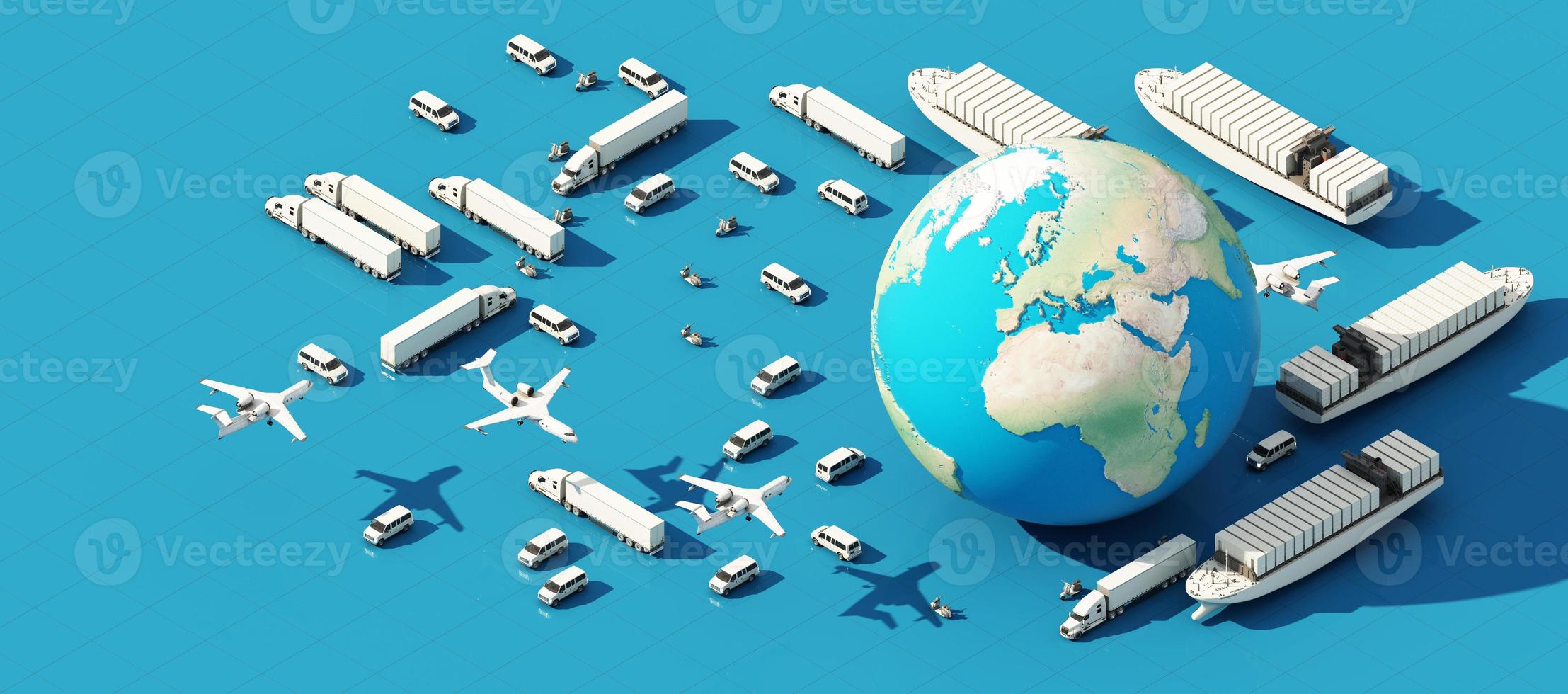 the Earth world map surrounded by cardboard boxes, a cargo container ship, a flying plane, a car, a van and a truck with gps location on blue background 3D rendering isometric view photo