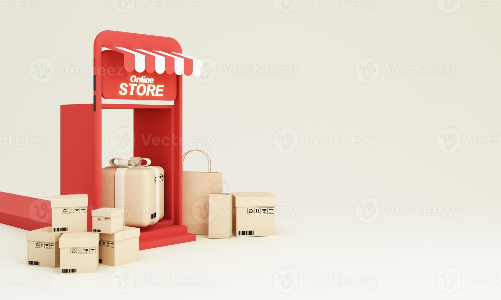 Marketplace online illustration, 3d style internet multi vendor store on laptop computer and phone screen with multi vendor stores Shop sign in orange tones and open 24 hours 3d rendering illustration photo