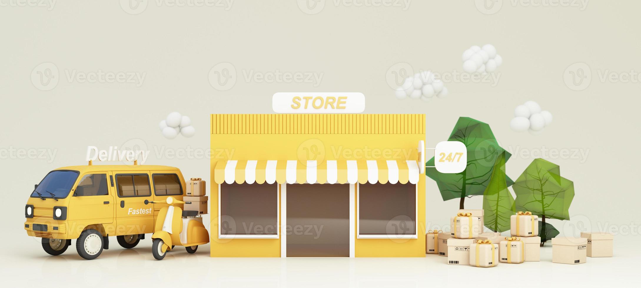 E-commerce concept, Delivery service from front store, Transportation delivery by Vans, truck and motorbike scooter and product packages, gift boxes, tree low polygon on yellow tone 3d rendering photo