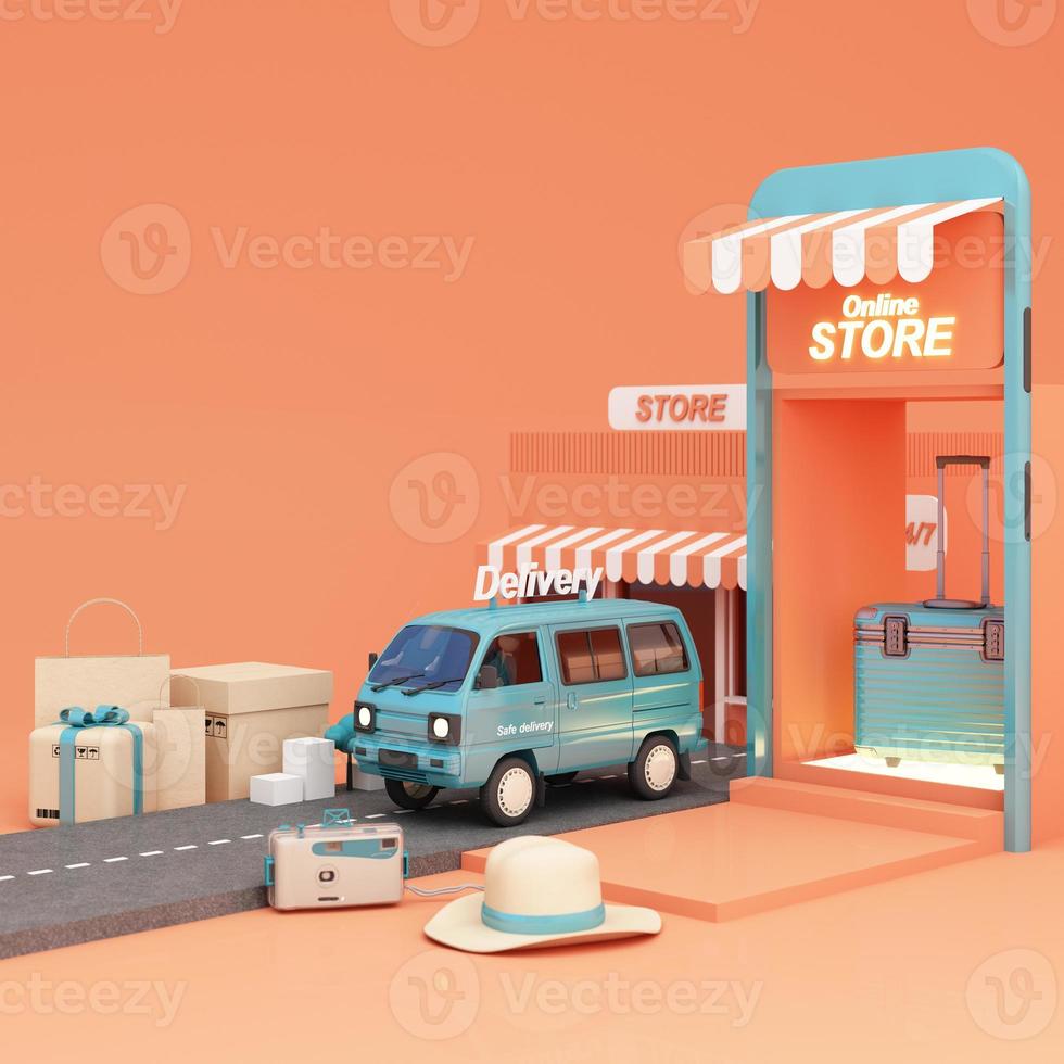 Marketplace online illustration, 3d style internet multi vendor store on laptop computer and phone screen with multi vendor stores Shop sign in orange tones and open 24 hours 3d rendering illustration photo