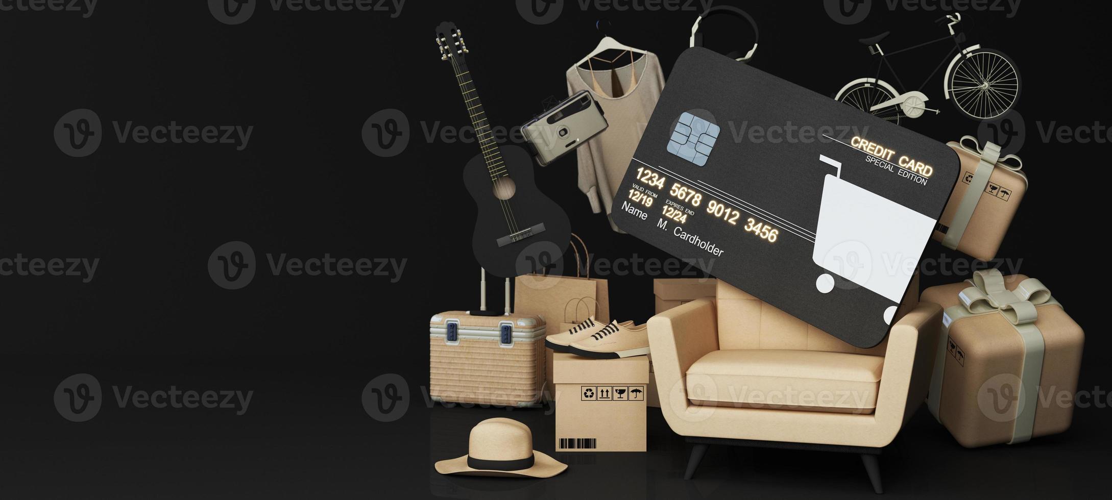 Close up of shopping online design on credit card, levitating template mockup Bank credit card with online service isolated on pink background, digital coin, wallet, copy space 3d rendering photo