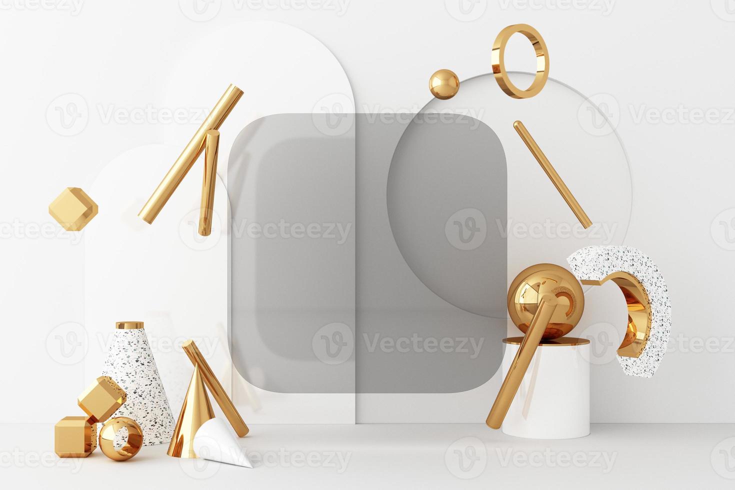 Minimal abstract geometric background with direct sunlight in shades of green and yellow. Showcase scene with empty podium for product presentation 3d rendering photo