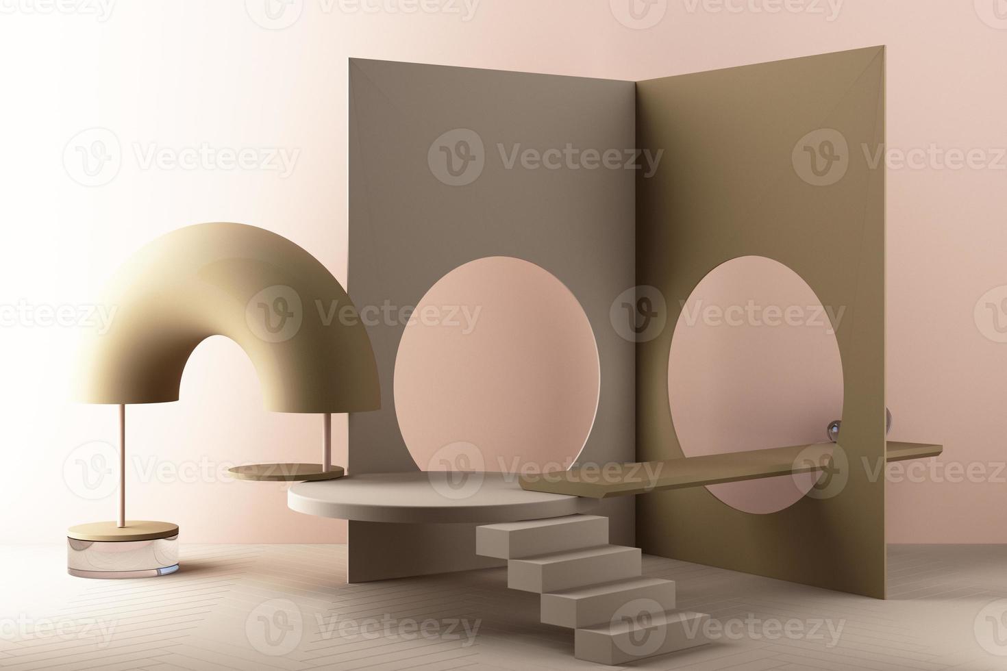 Minimal abstract geometric background with direct sunlight in shades of green and yellow. Showcase scene with empty podium for product presentation 3d rendering photo
