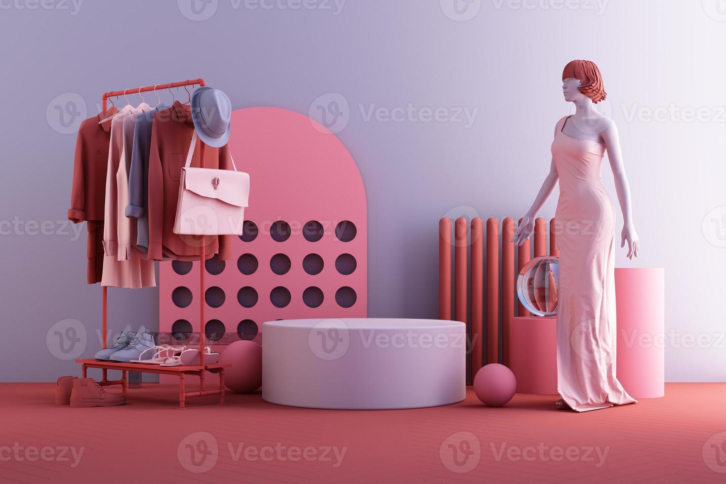 Clothes mannequins a hanger surrounding by bag and market prop with geometric shape on the floor in pink and blue color. 3d rendering photo