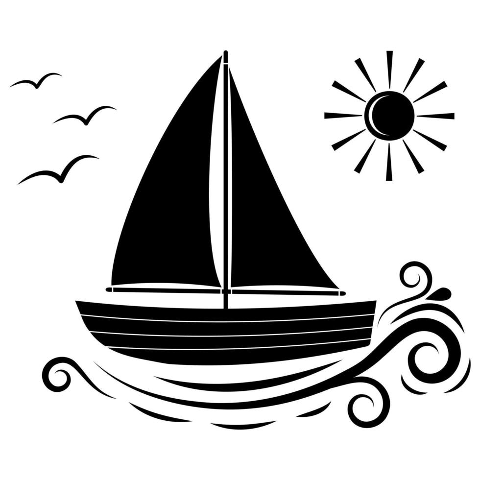 Wooden boat with sail stencil icon, vector illustration on white background.