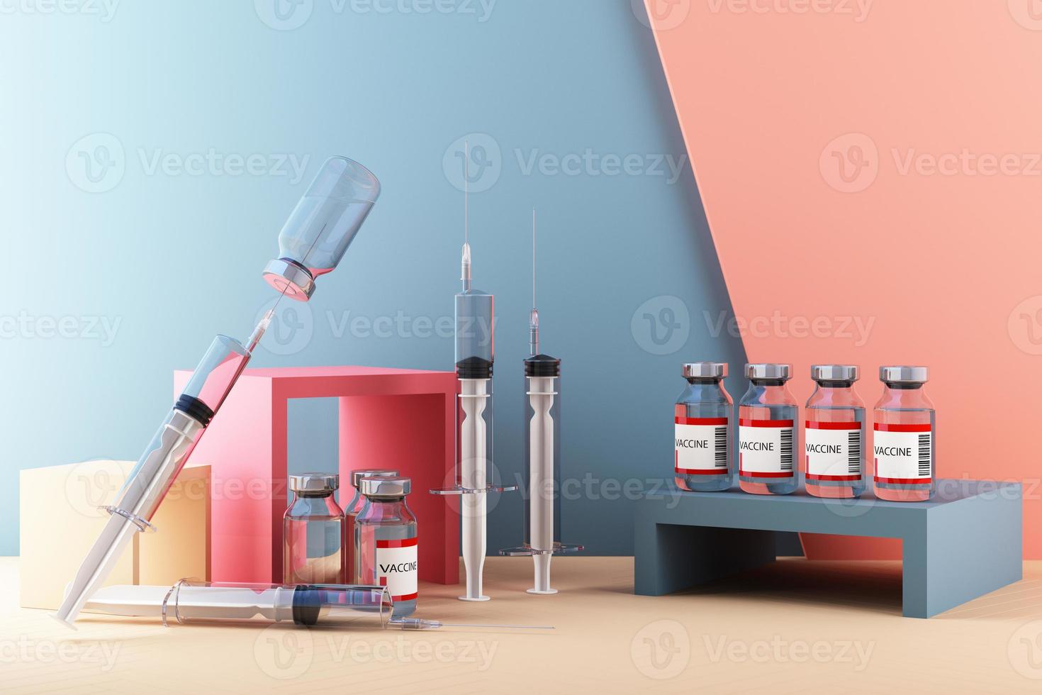 Covid-19 self test kit with vaccine and medicine on background. 3d rendering photo