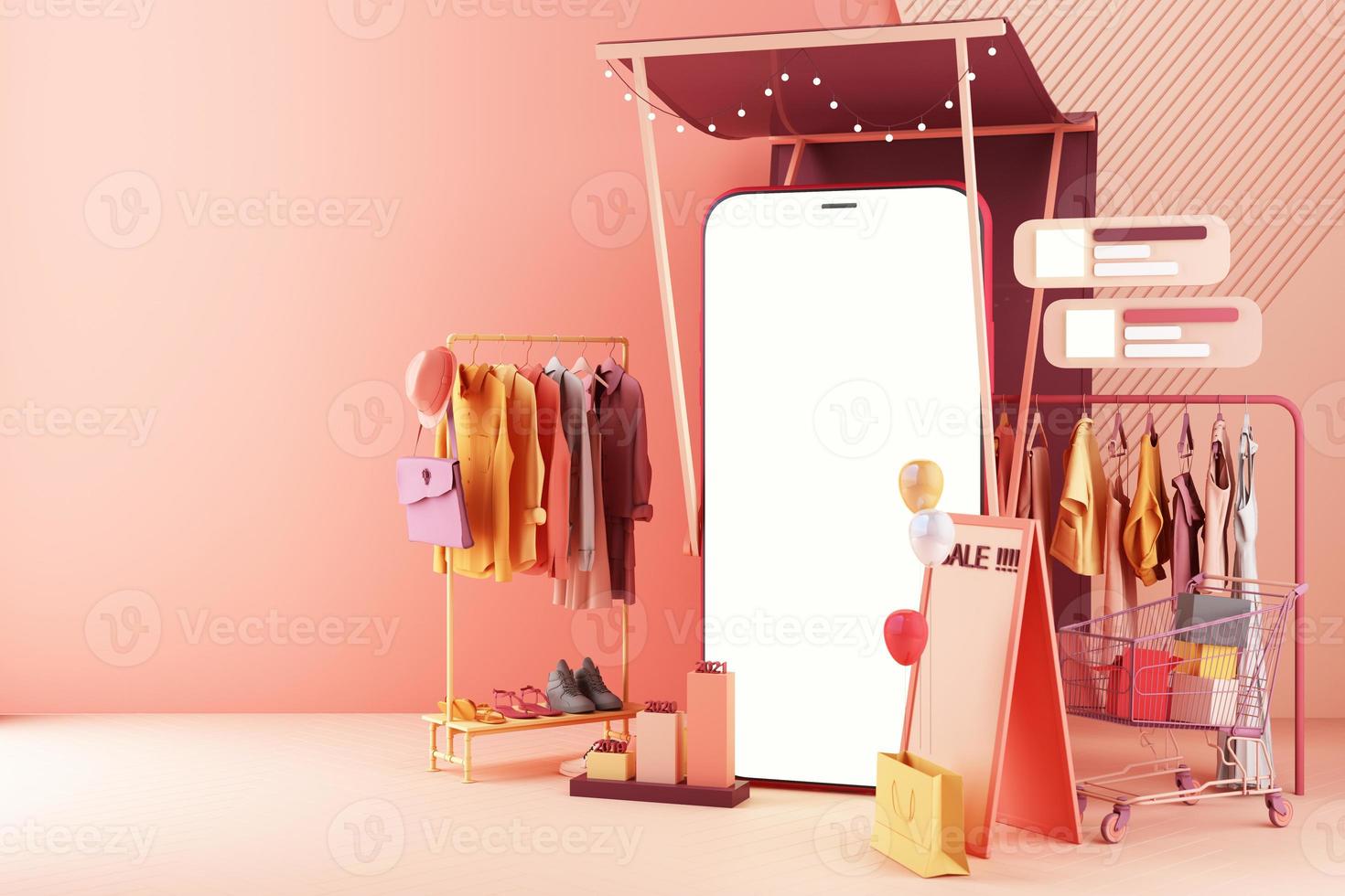 the concept of online women shopping clothes on social media app. 3d laptop screen with shopping bag, chat message, shopping cart on pink pastel color 3d rendering photo