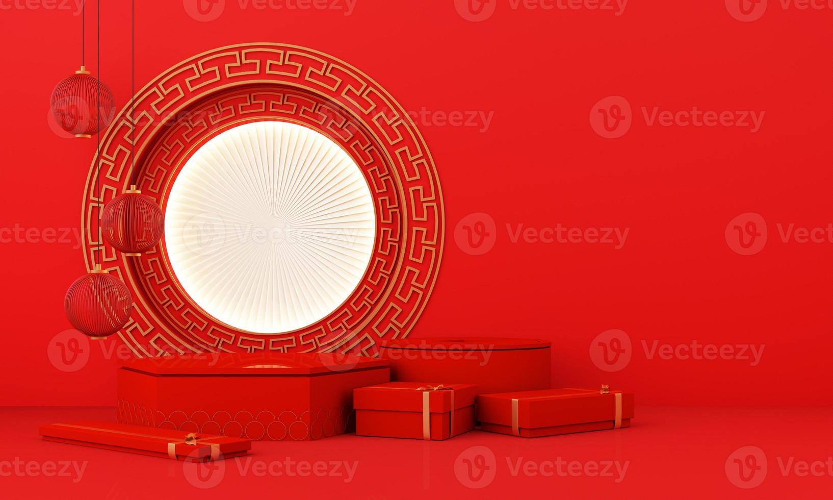 Chinese New Year style red and white podium product showcase with gold and gift, lantern, China pattern scene background. 2022 tiger year Holiday traditional festival concept. 3D rendering photo