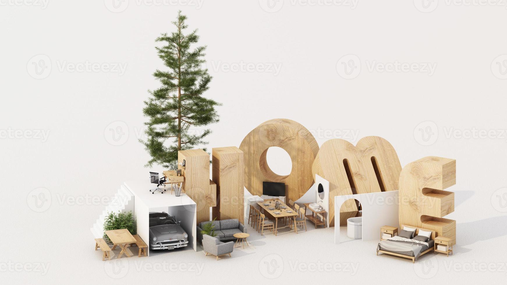 A cross section of a house. concept of work from home, goal of life, Work Life Balance with furniture used in daily life. in white and wood tones, 3D rendering and illustration. photo